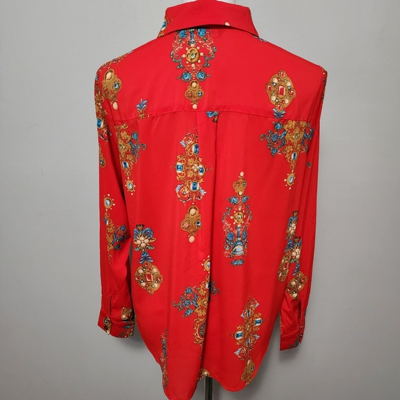 Motto Fashions Red Orange Status Print Chiffon Button Down Size 10 - Picture 6 of 9